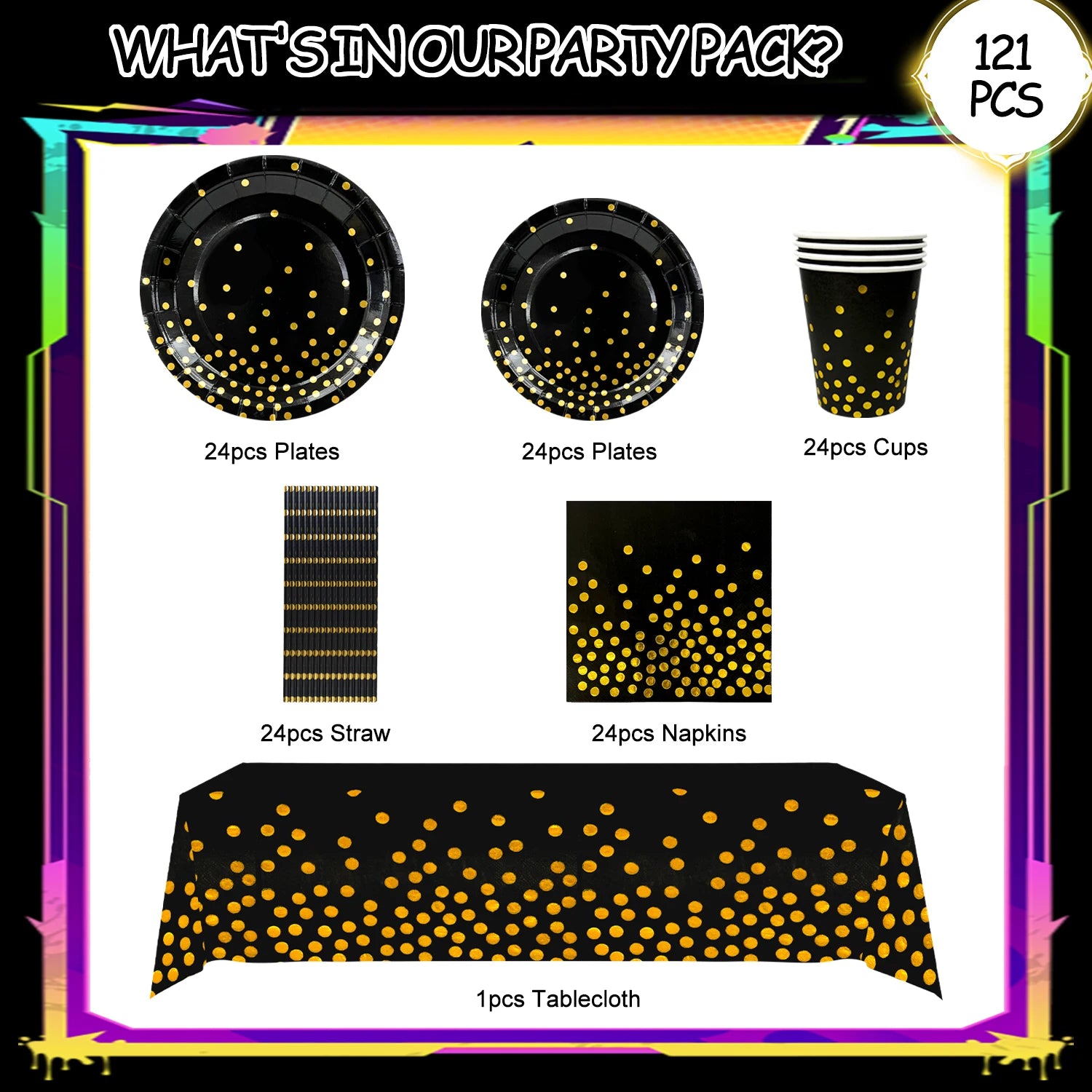 Black Gold Party Tableware,121pcs Black and Gold Dot Paper Tableware Set-Black and Gold Paper Plates and Cups Napkins Tablecloth