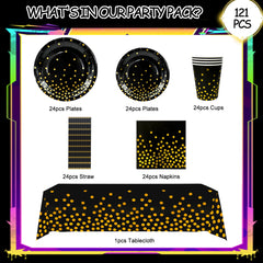 Black Gold Party Tableware,121pcs Black and Gold Dot Paper Tableware Set-Black and Gold Paper Plates and Cups Napkins Tablecloth