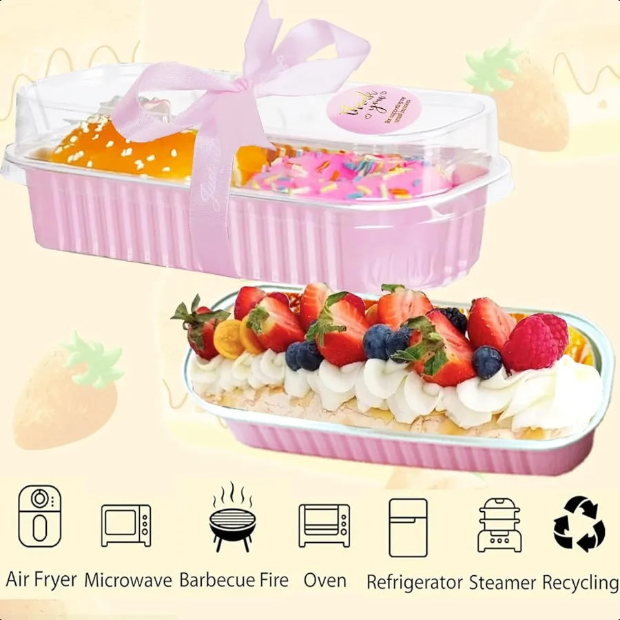 50 Pack Mini Loaf Pans with Lids and Spoons 6.8 Oz Mini Cake Pans with Lids for Baking Pink Disposable Rectangle Aluminum Foil