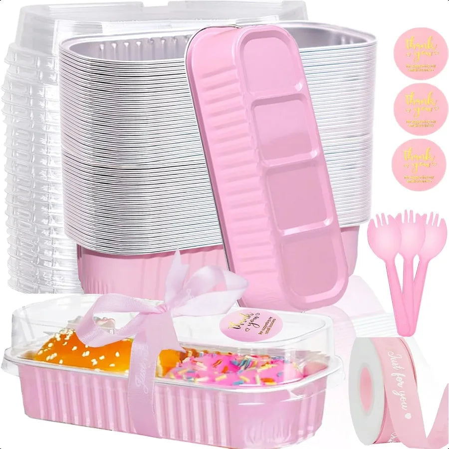 50 Pack Mini Loaf Pans with Lids and Spoons 6.8 Oz Mini Cake Pans with Lids for Baking Pink Disposable Rectangle Aluminum Foil