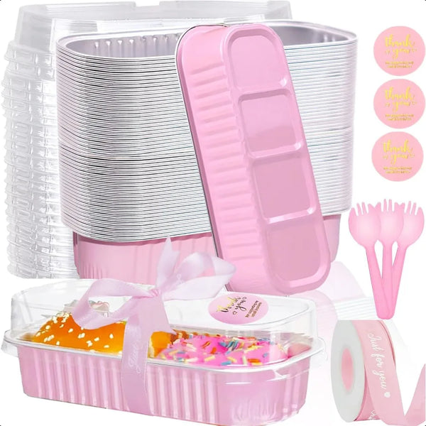 50 Pack Mini Loaf Pans with Lids and Spoons 6.8 Oz Mini Cake Pans with Lids for Baking Pink Disposable Rectangle Aluminum Foil