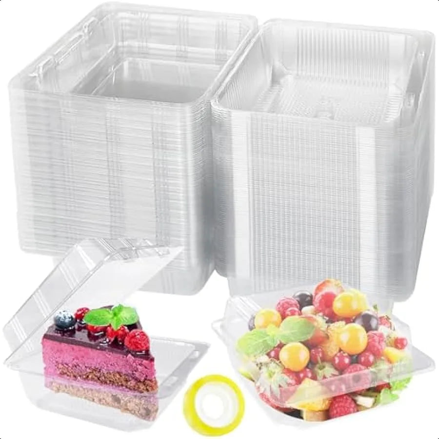 100 Pcs Clear Plastic Square Hinged Food Clamshell ContainerDisposable To Go Containers with Clear Lids Cake Slice Takeout Tray