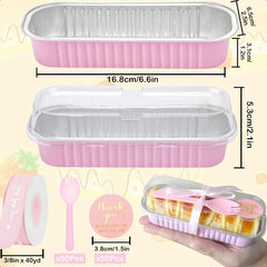 50 Pack Mini Loaf Pans with Lids and Spoons 6.8 Oz Mini Cake Pans with Lids for Baking Pink Disposable Rectangle Aluminum Foil