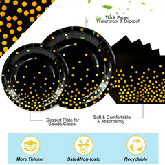 Black Gold Party Tableware,121pcs Black and Gold Dot Paper Tableware Set-Black and Gold Paper Plates and Cups Napkins Tablecloth